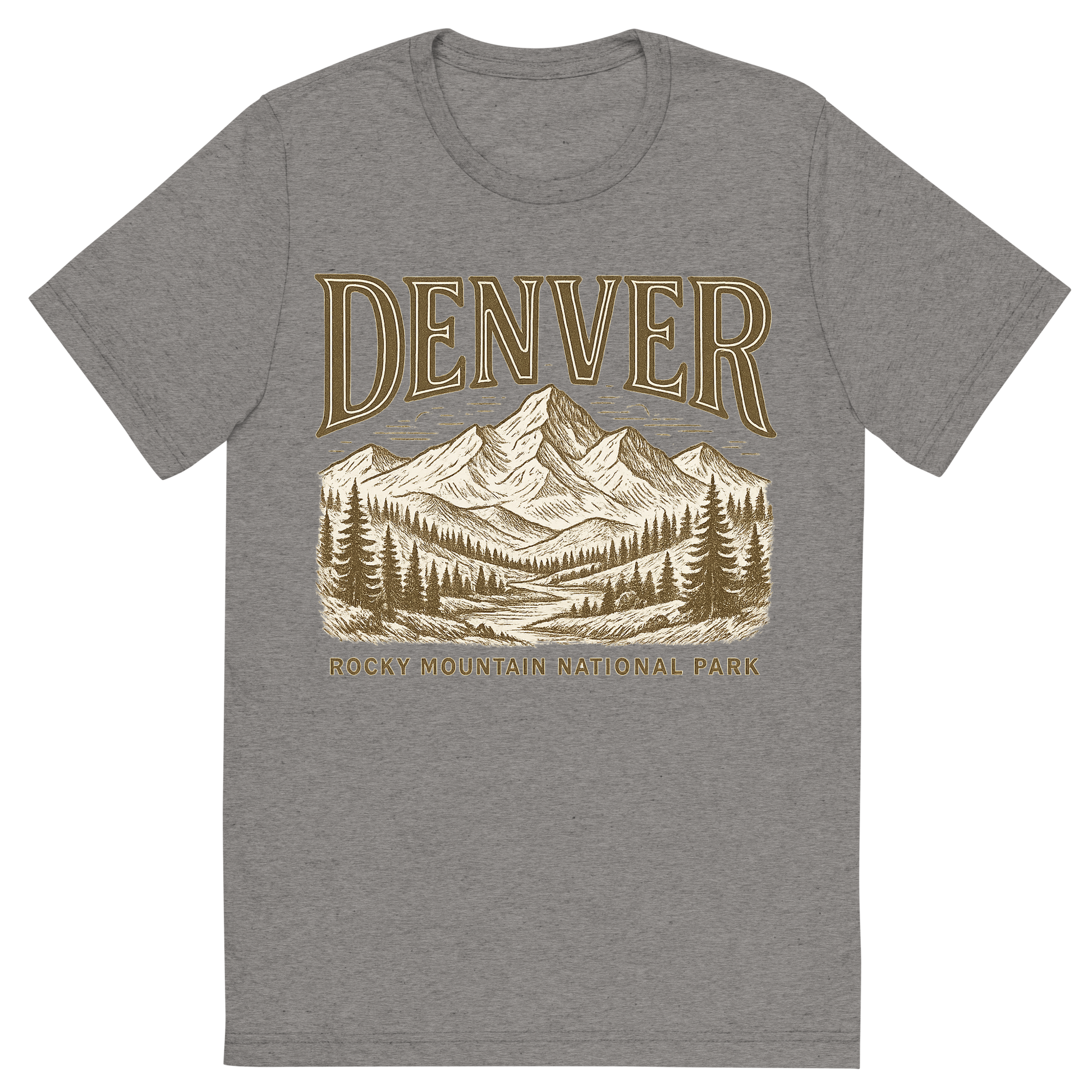 Front view of a Premium Tri-Blend Crew Neck T-Shirt in Grey showing 'A typographic, nostalgic graphic of a typographic illustration of the words 'denver' with a vintage line art drawing of the rocky mountain national park'