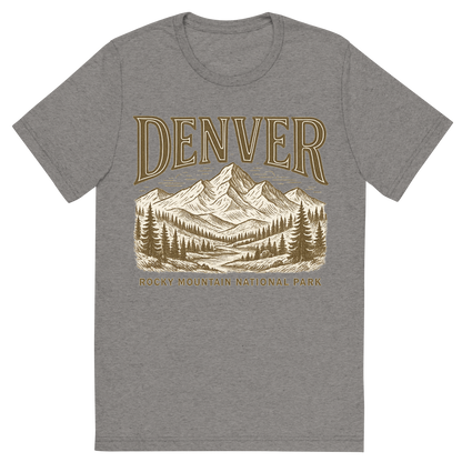 Front view of a Premium Tri-Blend Crew Neck T-Shirt in Grey showing 'A typographic, nostalgic graphic of a typographic illustration of the words 'denver' with a vintage line art drawing of the rocky mountain national park'