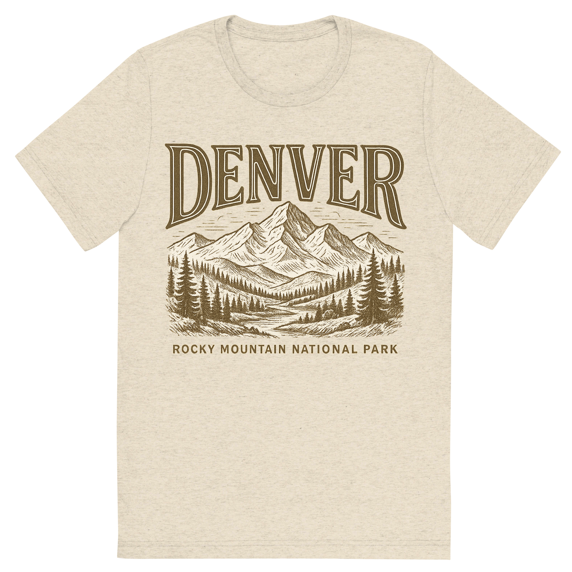 Front view of a Premium Tri-Blend Crew Neck T-Shirt in Oatmeal showing 'A typographic, nostalgic graphic of a typographic illustration of the words 'denver' with a vintage line art drawing of the rocky mountain national park'