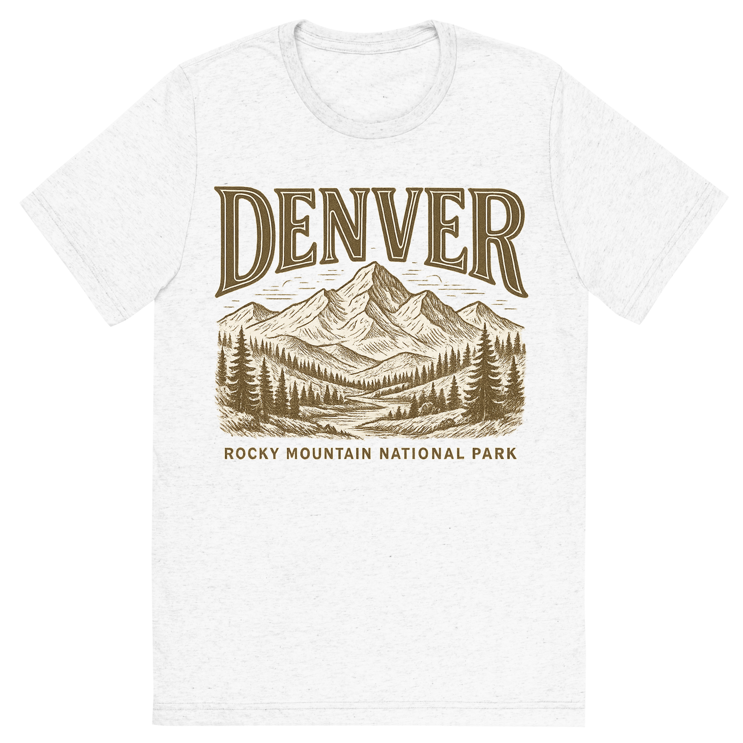 Front view of a Premium Tri-Blend Crew Neck T-Shirt in Solid White showing 'A typographic, nostalgic graphic of a typographic illustration of the words 'denver' with a vintage line art drawing of the rocky mountain national park'