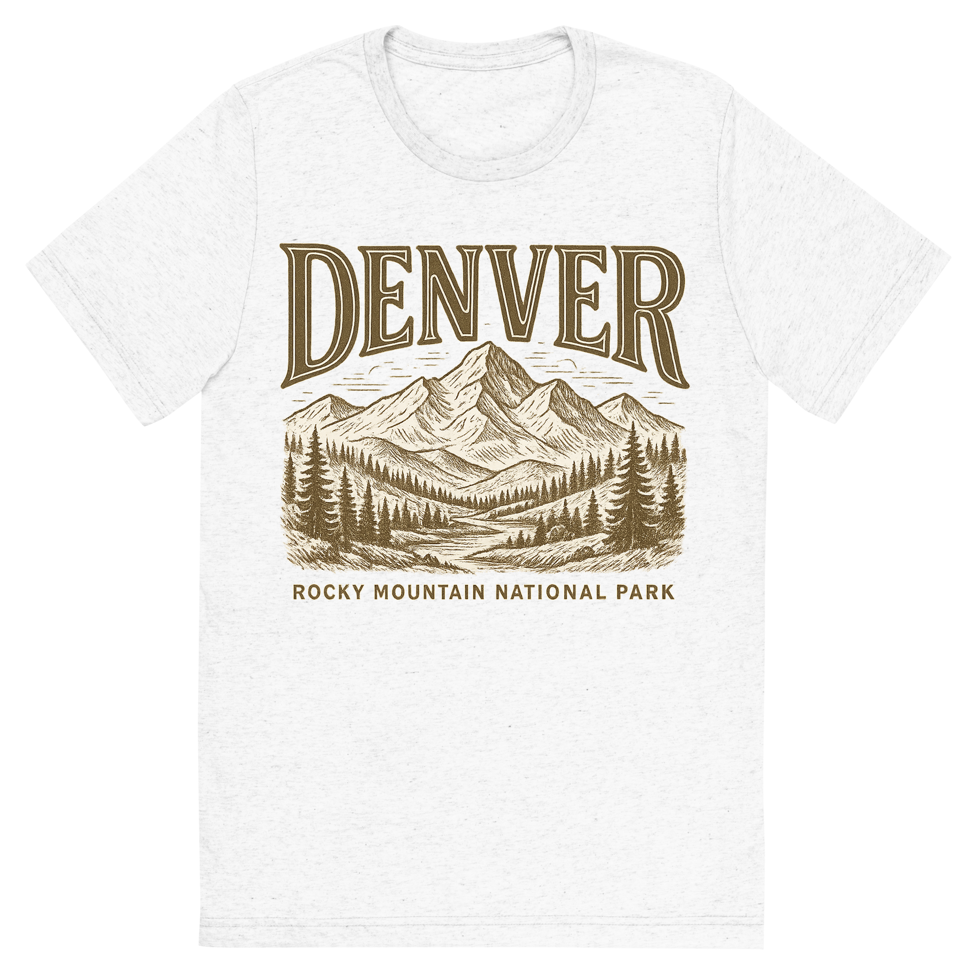 Front view of a Premium Tri-Blend Crew Neck T-Shirt in Solid White showing 'A typographic, nostalgic graphic of a typographic illustration of the words 'denver' with a vintage line art drawing of the rocky mountain national park'