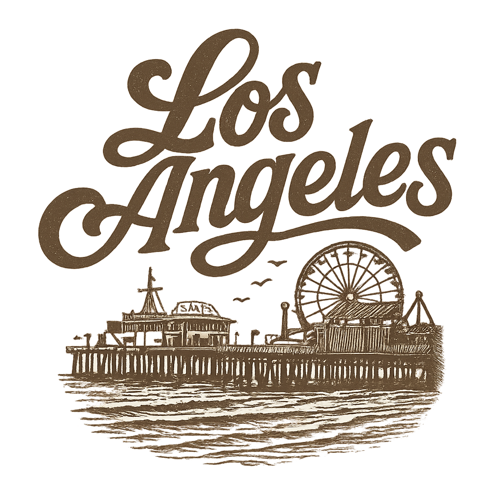 A typographic, nostalgic graphic of a typographic illustration of the words 'los angeles' with a vintage line art drawing of santa monica pier – a t-shirt design
