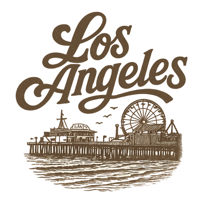 A typographic, nostalgic graphic of a typographic illustration of the words 'los angeles' with a vintage line art drawing of santa monica pier – a t-shirt design