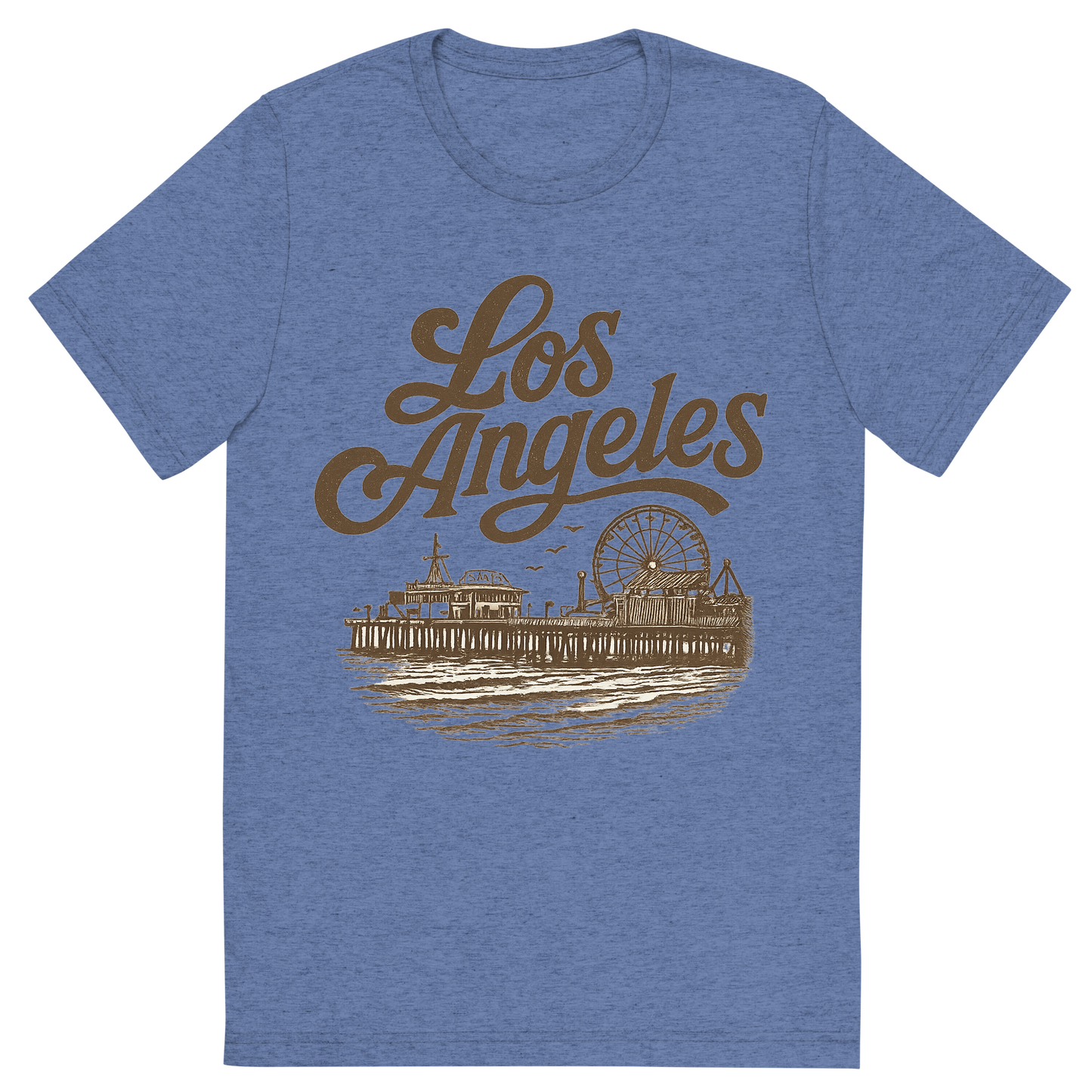 Front view of a Premium Tri-Blend Crew Neck T-Shirt in Blue showing 'A typographic, nostalgic graphic of a typographic illustration of the words 'los angeles' with a vintage line art drawing of santa monica pier'