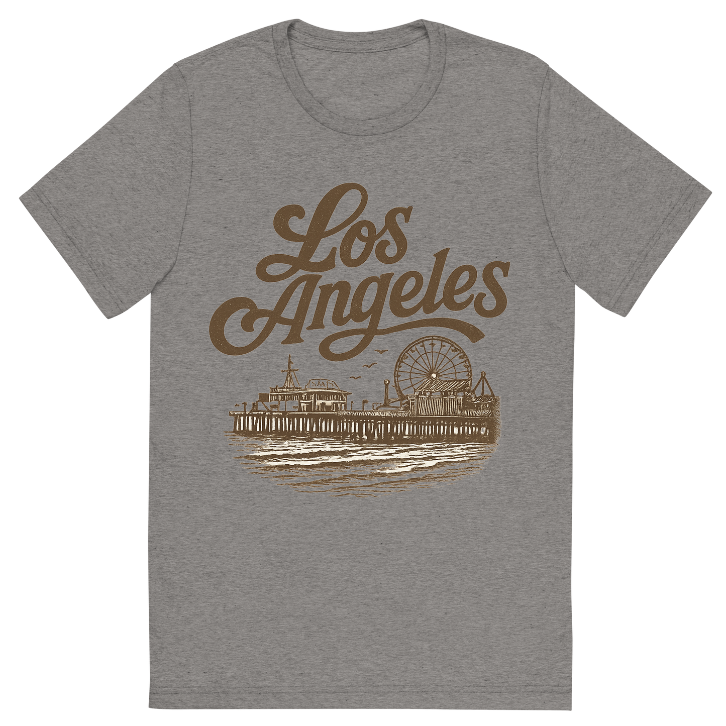 Front view of a Premium Tri-Blend Crew Neck T-Shirt in Grey showing 'A typographic, nostalgic graphic of a typographic illustration of the words 'los angeles' with a vintage line art drawing of santa monica pier'
