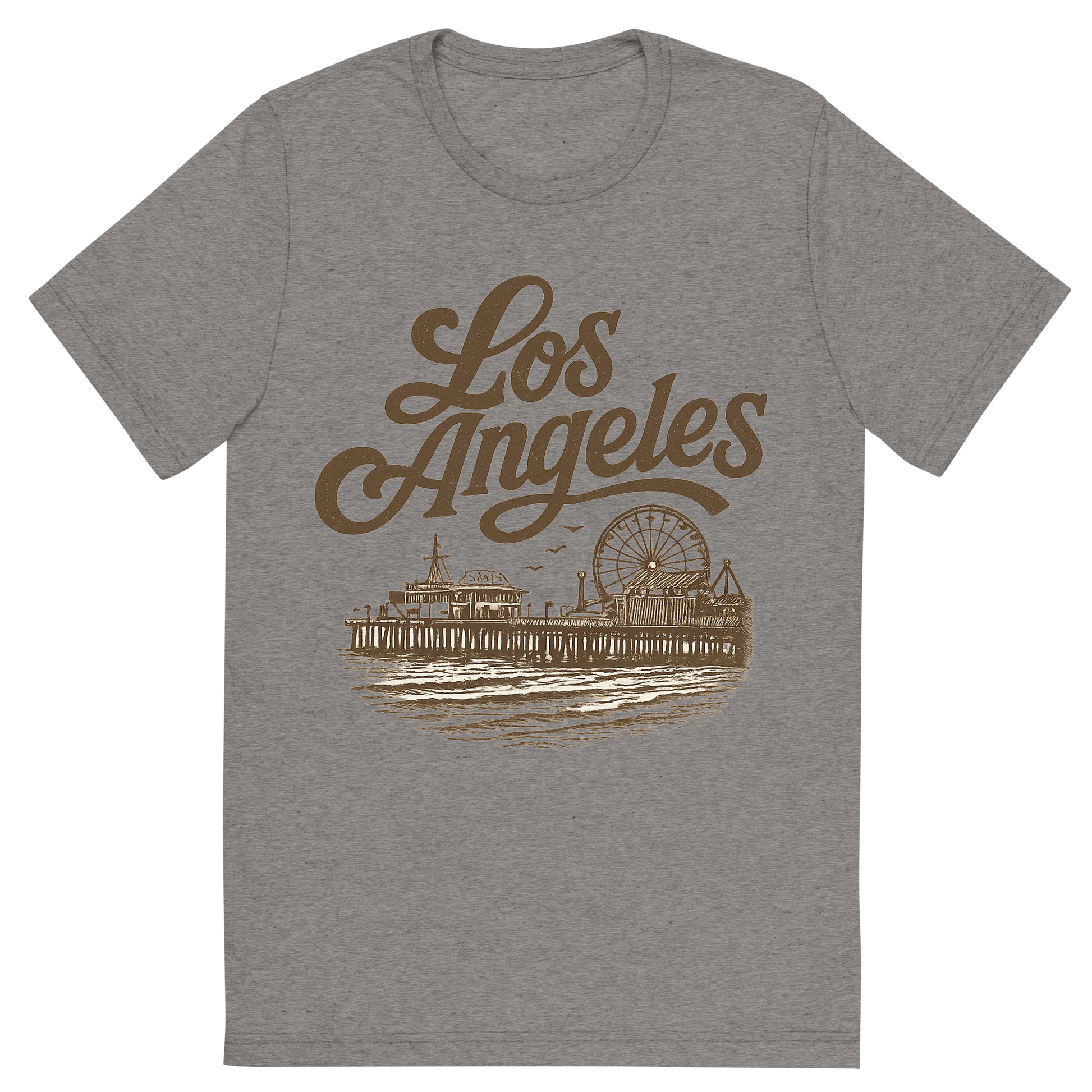Front view of a Premium Tri-Blend Crew Neck T-Shirt in Grey showing 'A typographic, nostalgic graphic of a typographic illustration of the words 'los angeles' with a vintage line art drawing of santa monica pier'