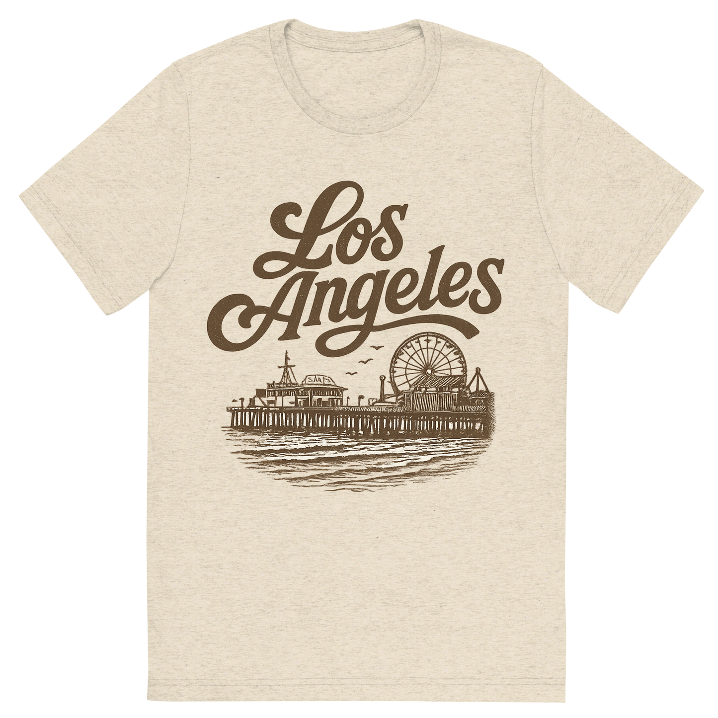 Front view of a Premium Tri-Blend Crew Neck T-Shirt in Oatmeal showing 'A typographic, nostalgic graphic of a typographic illustration of the words 'los angeles' with a vintage line art drawing of santa monica pier'