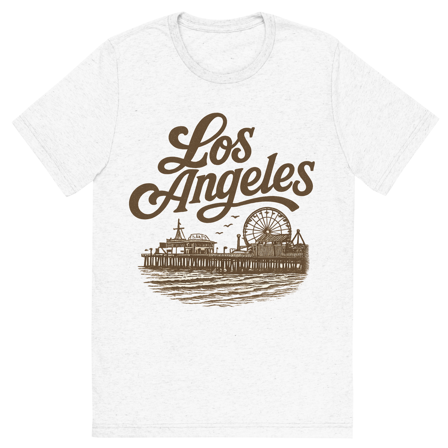 Front view of a Premium Tri-Blend Crew Neck T-Shirt in Solid White showing 'A typographic, nostalgic graphic of a typographic illustration of the words 'los angeles' with a vintage line art drawing of santa monica pier'