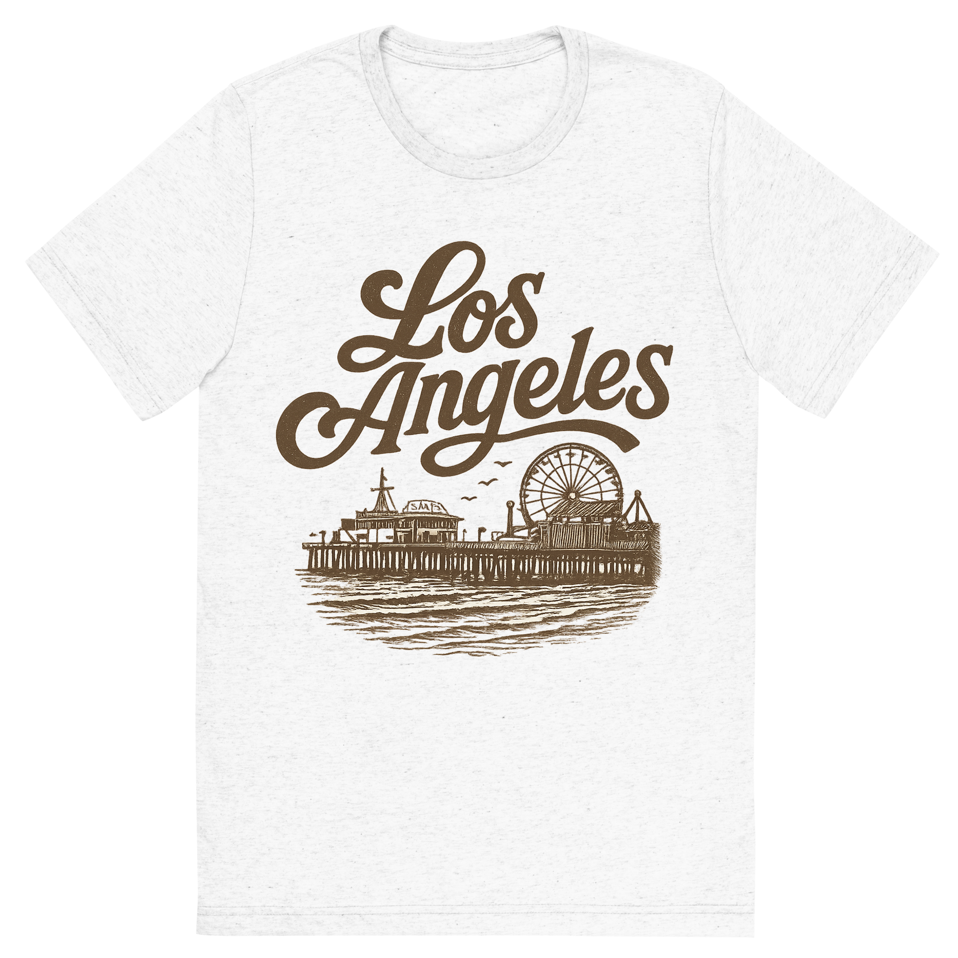 Front view of a Premium Tri-Blend Crew Neck T-Shirt in Solid White showing 'A typographic, nostalgic graphic of a typographic illustration of the words 'los angeles' with a vintage line art drawing of santa monica pier'