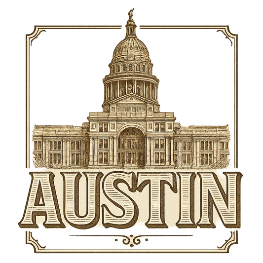 A typographic, nostalgic graphic of a typographic illustration of the words 'austin' with a vintage line art drawing of the texas state capitol – a t-shirt design