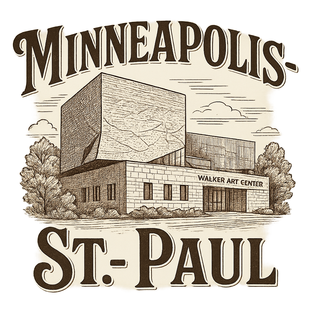 A typographic, nostalgic graphic of a typographic illustration of the words 'minneapolis-st. paul' with a vintage line art drawing of the walker art center – a t-shirt design