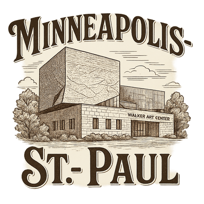 A typographic, nostalgic graphic of a typographic illustration of the words 'minneapolis-st. paul' with a vintage line art drawing of the walker art center – a t-shirt design