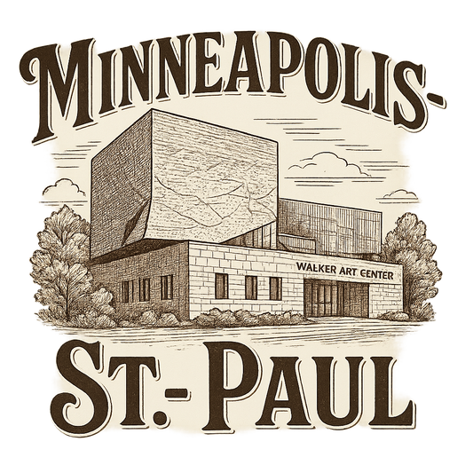 A typographic, nostalgic graphic of a typographic illustration of the words 'minneapolis-st. paul' with a vintage line art drawing of the walker art center – a t-shirt design