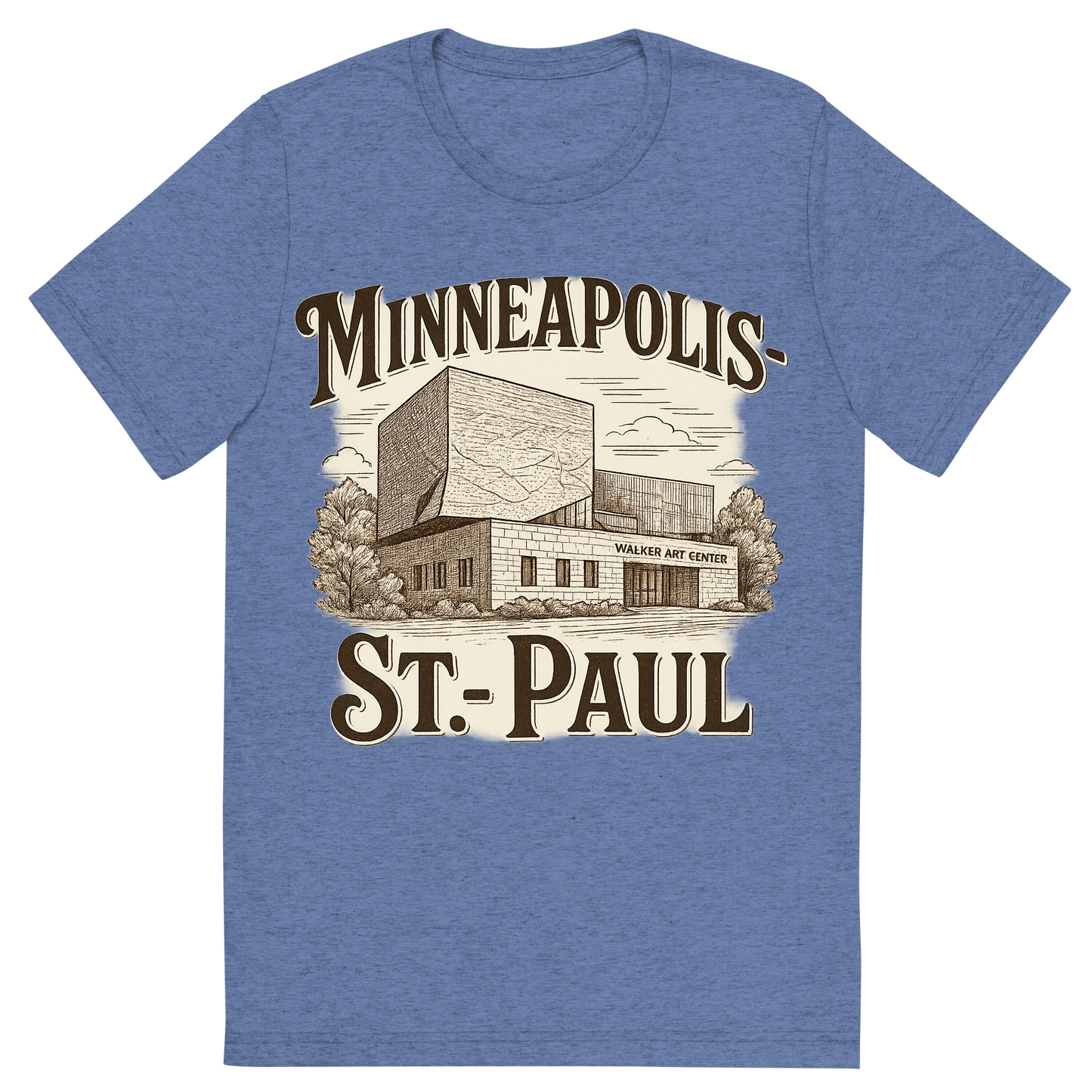Front view of a Premium Tri-Blend Crew Neck T-Shirt in Blue showing 'A typographic, nostalgic graphic of a typographic illustration of the words 'minneapolis-st. paul' with a vintage line art drawing of the walker art center'
