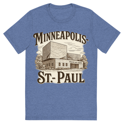 Front view of a Premium Tri-Blend Crew Neck T-Shirt in Blue showing 'A typographic, nostalgic graphic of a typographic illustration of the words 'minneapolis-st. paul' with a vintage line art drawing of the walker art center'