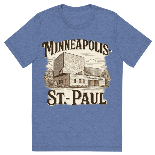Front view of a Premium Tri-Blend Crew Neck T-Shirt in Blue showing 'A typographic, nostalgic graphic of a typographic illustration of the words 'minneapolis-st. paul' with a vintage line art drawing of the walker art center'