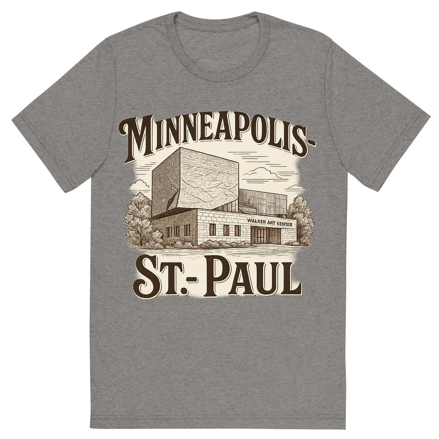 Front view of a Premium Tri-Blend Crew Neck T-Shirt in Grey showing 'A typographic, nostalgic graphic of a typographic illustration of the words 'minneapolis-st. paul' with a vintage line art drawing of the walker art center'