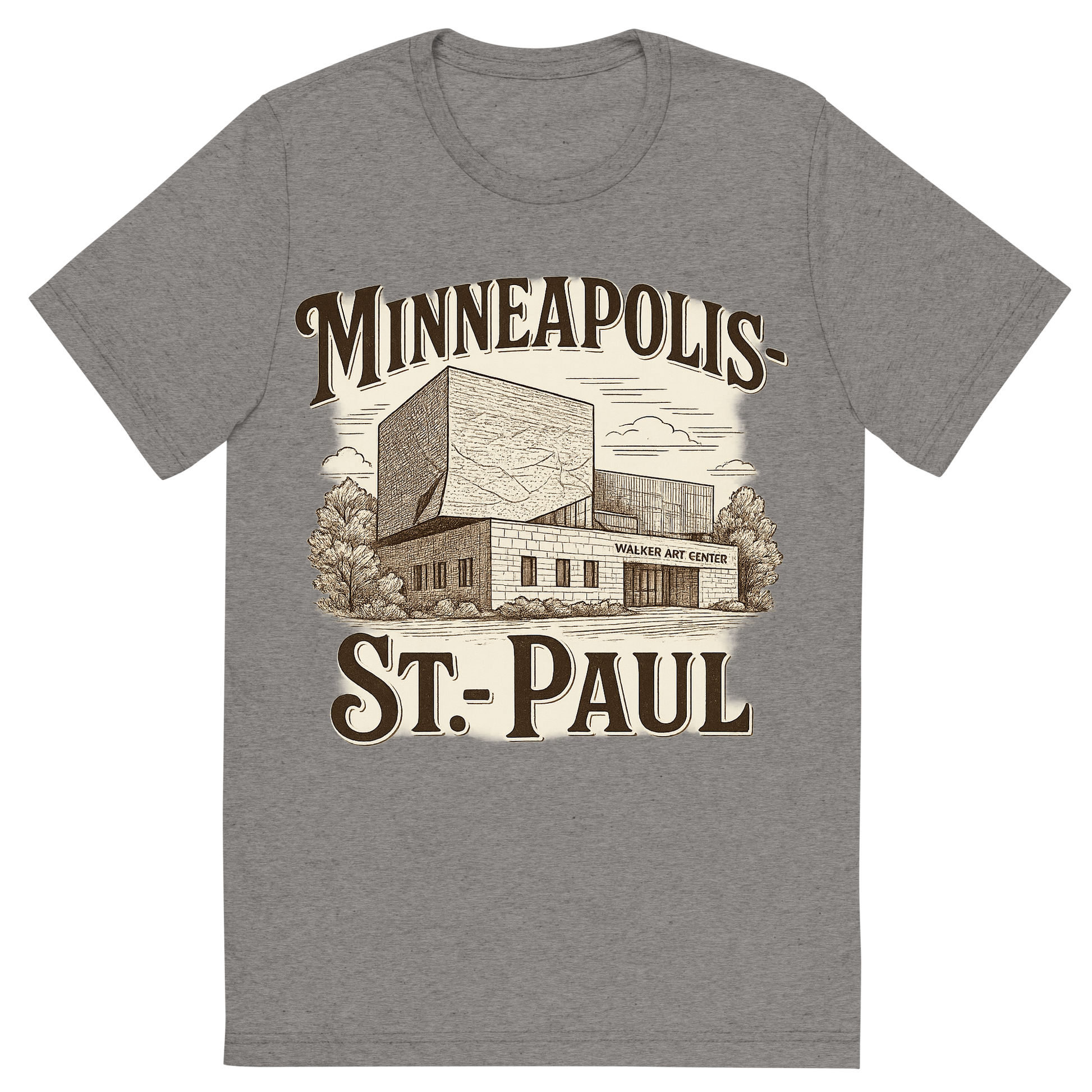 Front view of a Premium Tri-Blend Crew Neck T-Shirt in Grey showing 'A typographic, nostalgic graphic of a typographic illustration of the words 'minneapolis-st. paul' with a vintage line art drawing of the walker art center'