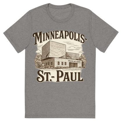 Front view of a Premium Tri-Blend Crew Neck T-Shirt in Grey showing 'A typographic, nostalgic graphic of a typographic illustration of the words 'minneapolis-st. paul' with a vintage line art drawing of the walker art center'