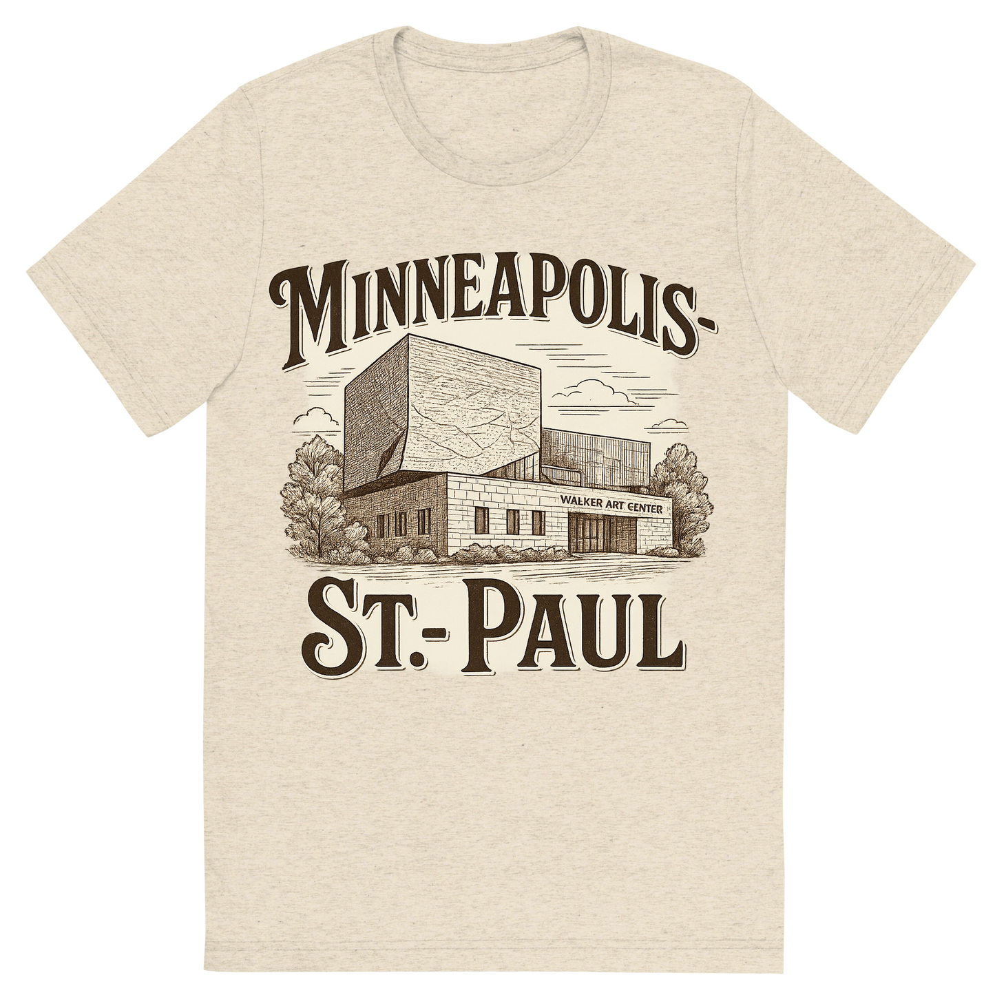 Front view of a Premium Tri-Blend Crew Neck T-Shirt in Oatmeal showing 'A typographic, nostalgic graphic of a typographic illustration of the words 'minneapolis-st. paul' with a vintage line art drawing of the walker art center'