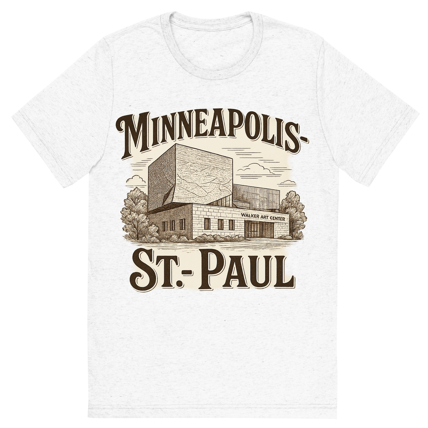 Front view of a Premium Tri-Blend Crew Neck T-Shirt in Solid White showing 'A typographic, nostalgic graphic of a typographic illustration of the words 'minneapolis-st. paul' with a vintage line art drawing of the walker art center'