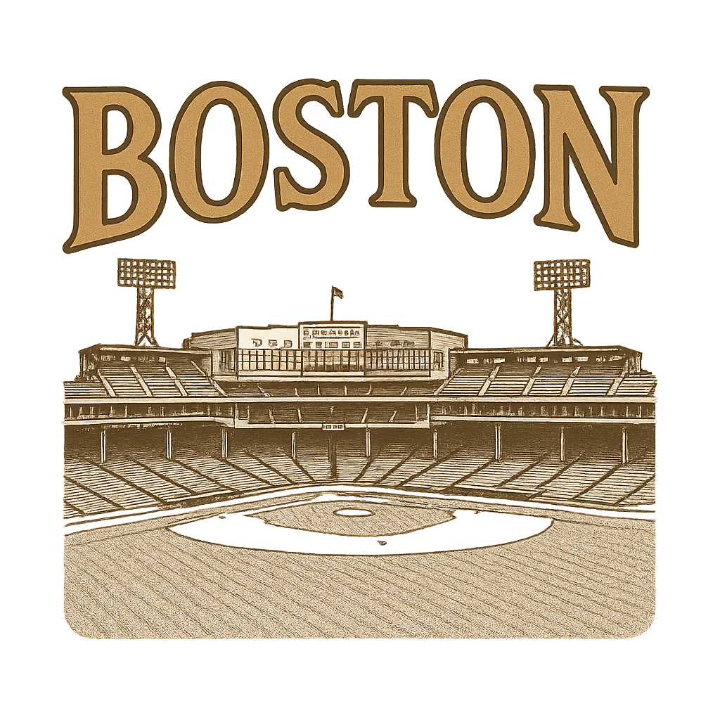 A typographic, nostalgic graphic of a typographic illustration of the words 'boston' with a vintage line art drawing of fenway park – a t-shirt design