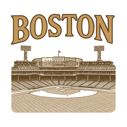 A typographic, nostalgic graphic of a typographic illustration of the words 'boston' with a vintage line art drawing of fenway park – a t-shirt design