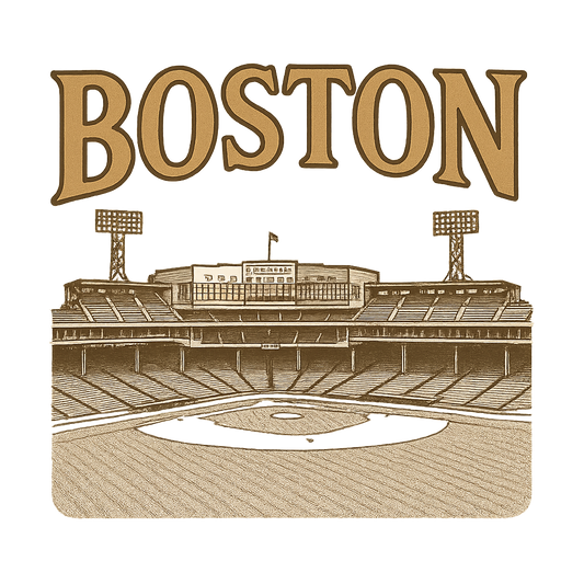 A typographic, nostalgic graphic of a typographic illustration of the words 'boston' with a vintage line art drawing of fenway park – a t-shirt design