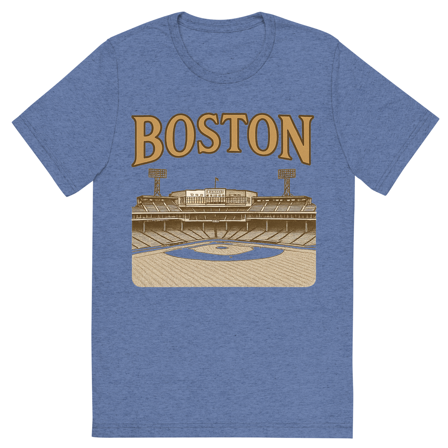 Front view of a Premium Tri-Blend Crew Neck T-Shirt in Blue showing 'A typographic, nostalgic graphic of a typographic illustration of the words 'boston' with a vintage line art drawing of fenway park'