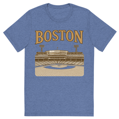 Front view of a Premium Tri-Blend Crew Neck T-Shirt in Blue showing 'A typographic, nostalgic graphic of a typographic illustration of the words 'boston' with a vintage line art drawing of fenway park'
