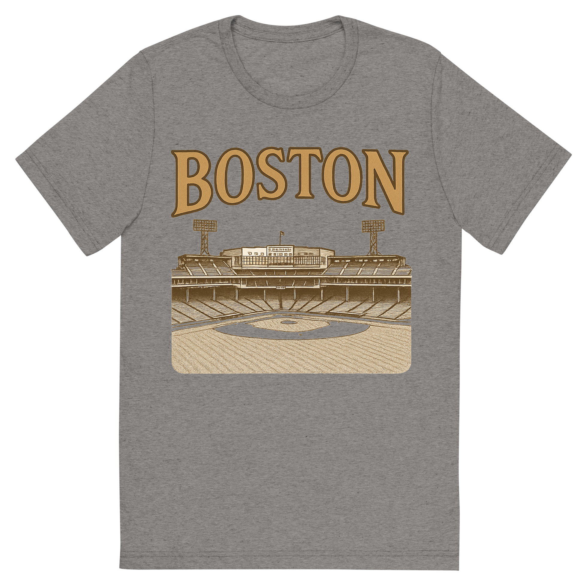 Front view of a Premium Tri-Blend Crew Neck T-Shirt in Grey showing 'A typographic, nostalgic graphic of a typographic illustration of the words 'boston' with a vintage line art drawing of fenway park'