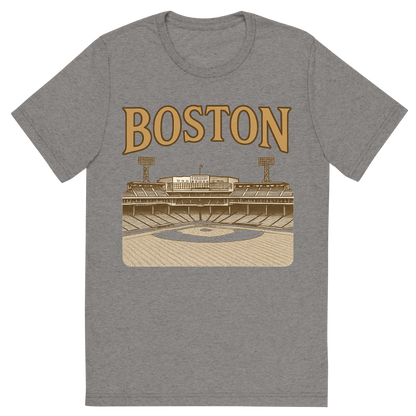 Front view of a Premium Tri-Blend Crew Neck T-Shirt in Grey showing 'A typographic, nostalgic graphic of a typographic illustration of the words 'boston' with a vintage line art drawing of fenway park'