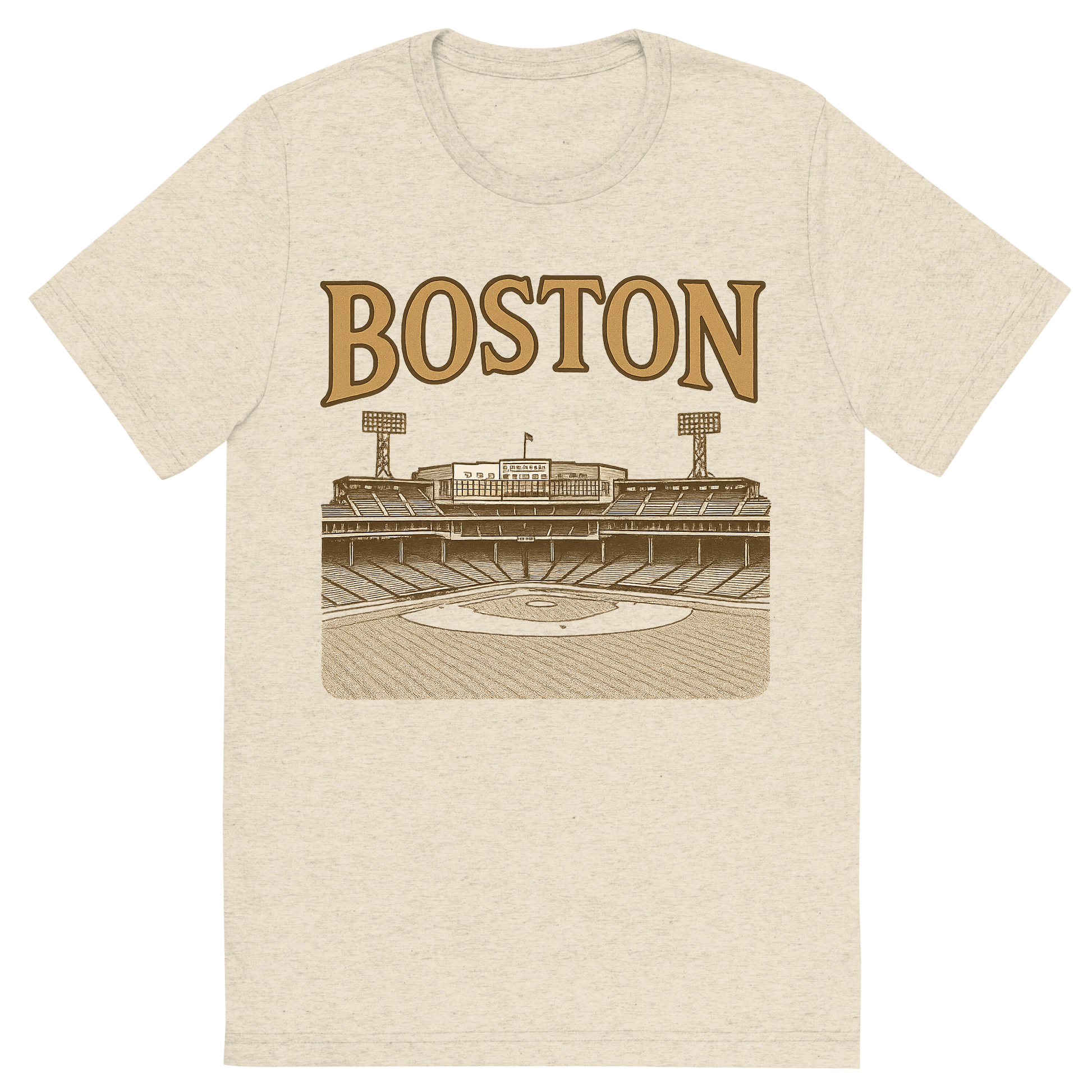 Front view of a Premium Tri-Blend Crew Neck T-Shirt in Oatmeal showing 'A typographic, nostalgic graphic of a typographic illustration of the words 'boston' with a vintage line art drawing of fenway park'