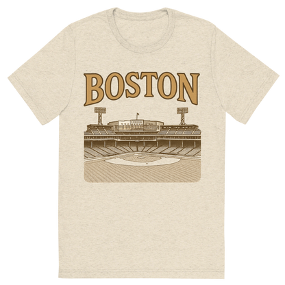 Front view of a Premium Tri-Blend Crew Neck T-Shirt in Oatmeal showing 'A typographic, nostalgic graphic of a typographic illustration of the words 'boston' with a vintage line art drawing of fenway park'