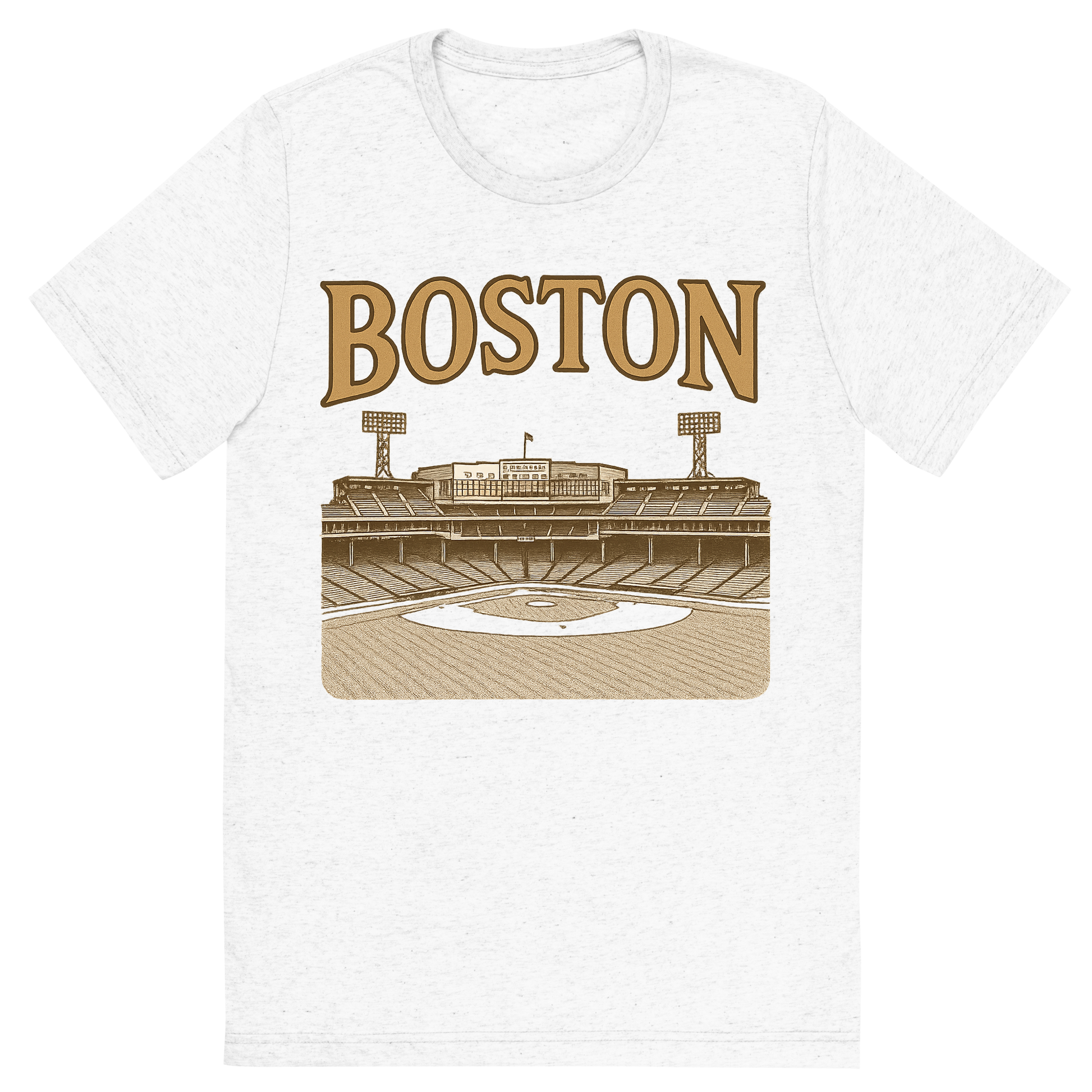 Front view of a Premium Tri-Blend Crew Neck T-Shirt in Solid White showing 'A typographic, nostalgic graphic of a typographic illustration of the words 'boston' with a vintage line art drawing of fenway park'