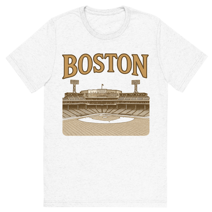 Front view of a Premium Tri-Blend Crew Neck T-Shirt in Solid White showing 'A typographic, nostalgic graphic of a typographic illustration of the words 'boston' with a vintage line art drawing of fenway park'