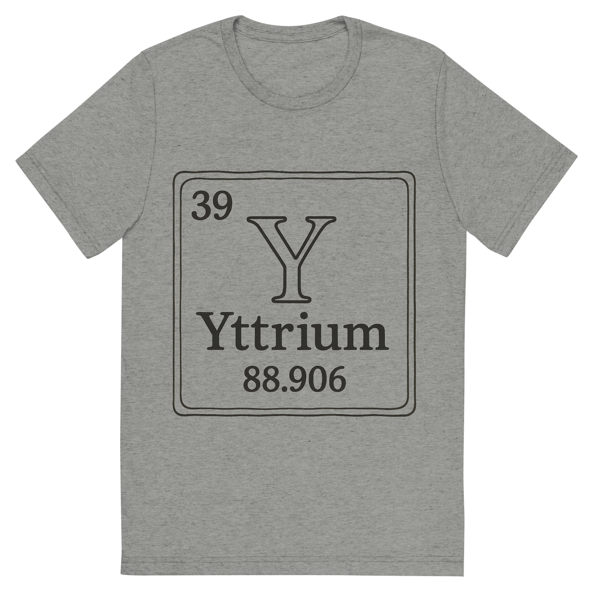 Front view of a Premium Tri-Blend Crew Neck T-Shirt in Athletic Grey showing 'A line art, nostalgic graphic of yttrium's entry on the periodic table, use a dark color for the lines and text'