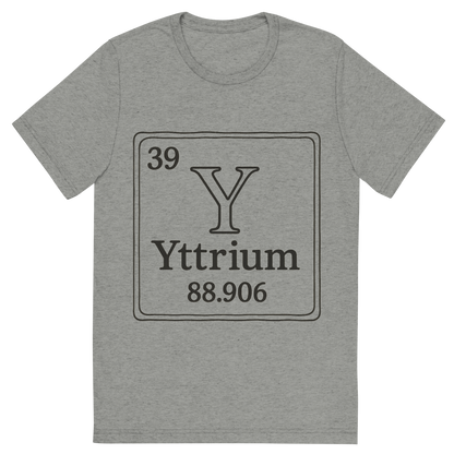 Front view of a Premium Tri-Blend Crew Neck T-Shirt in Athletic Grey showing 'A line art, nostalgic graphic of yttrium's entry on the periodic table, use a dark color for the lines and text'