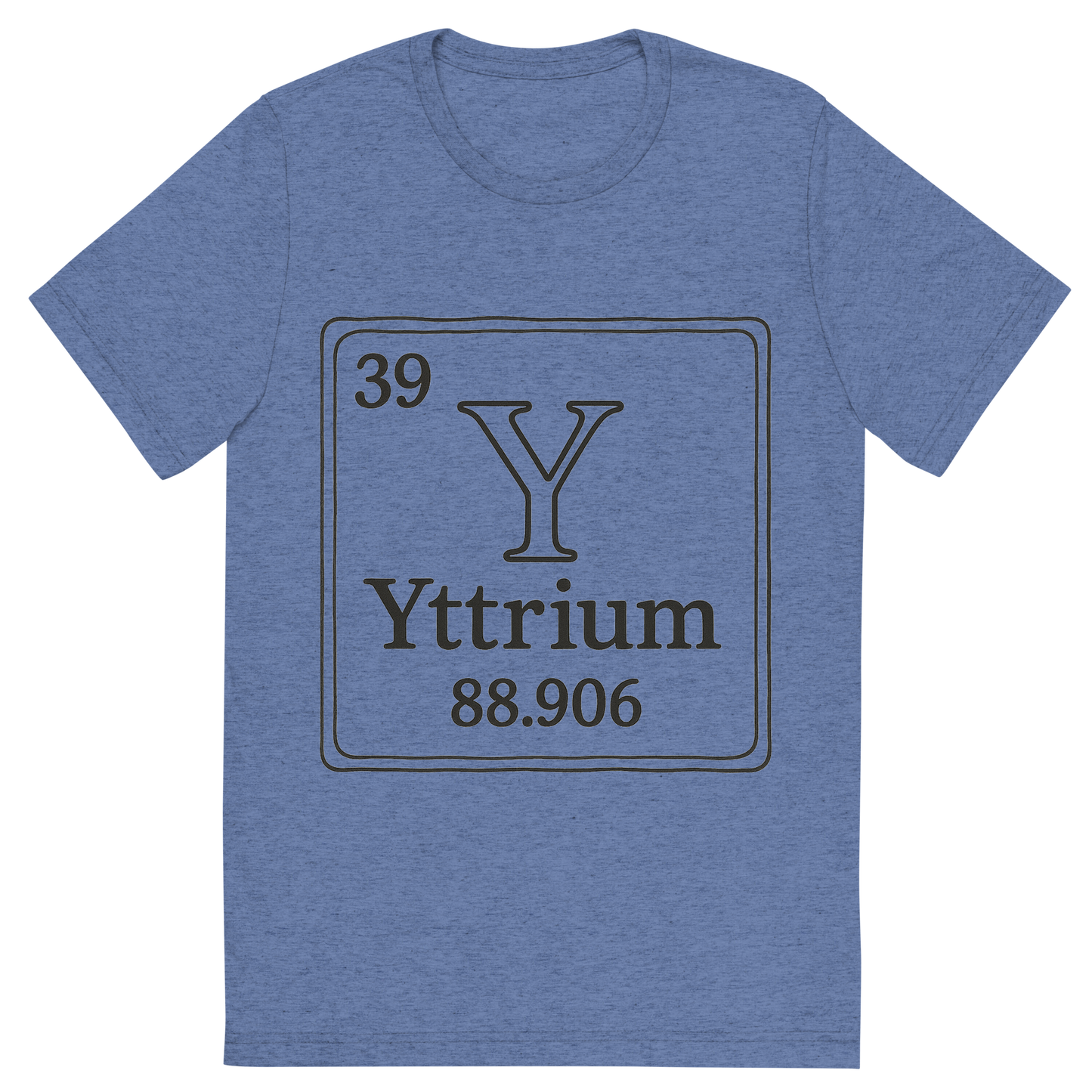 Front view of a Premium Tri-Blend Crew Neck T-Shirt in Blue showing 'A line art, nostalgic graphic of yttrium's entry on the periodic table, use a dark color for the lines and text'