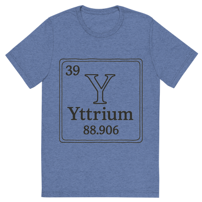 Front view of a Premium Tri-Blend Crew Neck T-Shirt in Blue showing 'A line art, nostalgic graphic of yttrium's entry on the periodic table, use a dark color for the lines and text'