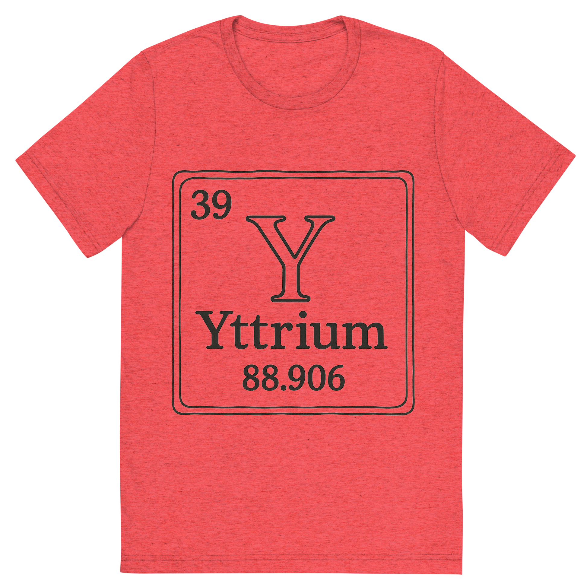 Front view of a Premium Tri-Blend Crew Neck T-Shirt in Red showing 'A line art, nostalgic graphic of yttrium's entry on the periodic table, use a dark color for the lines and text'