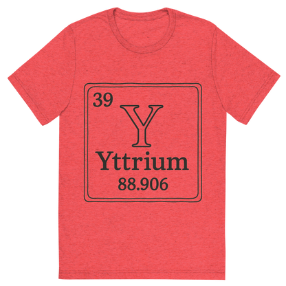 Front view of a Premium Tri-Blend Crew Neck T-Shirt in Red showing 'A line art, nostalgic graphic of yttrium's entry on the periodic table, use a dark color for the lines and text'