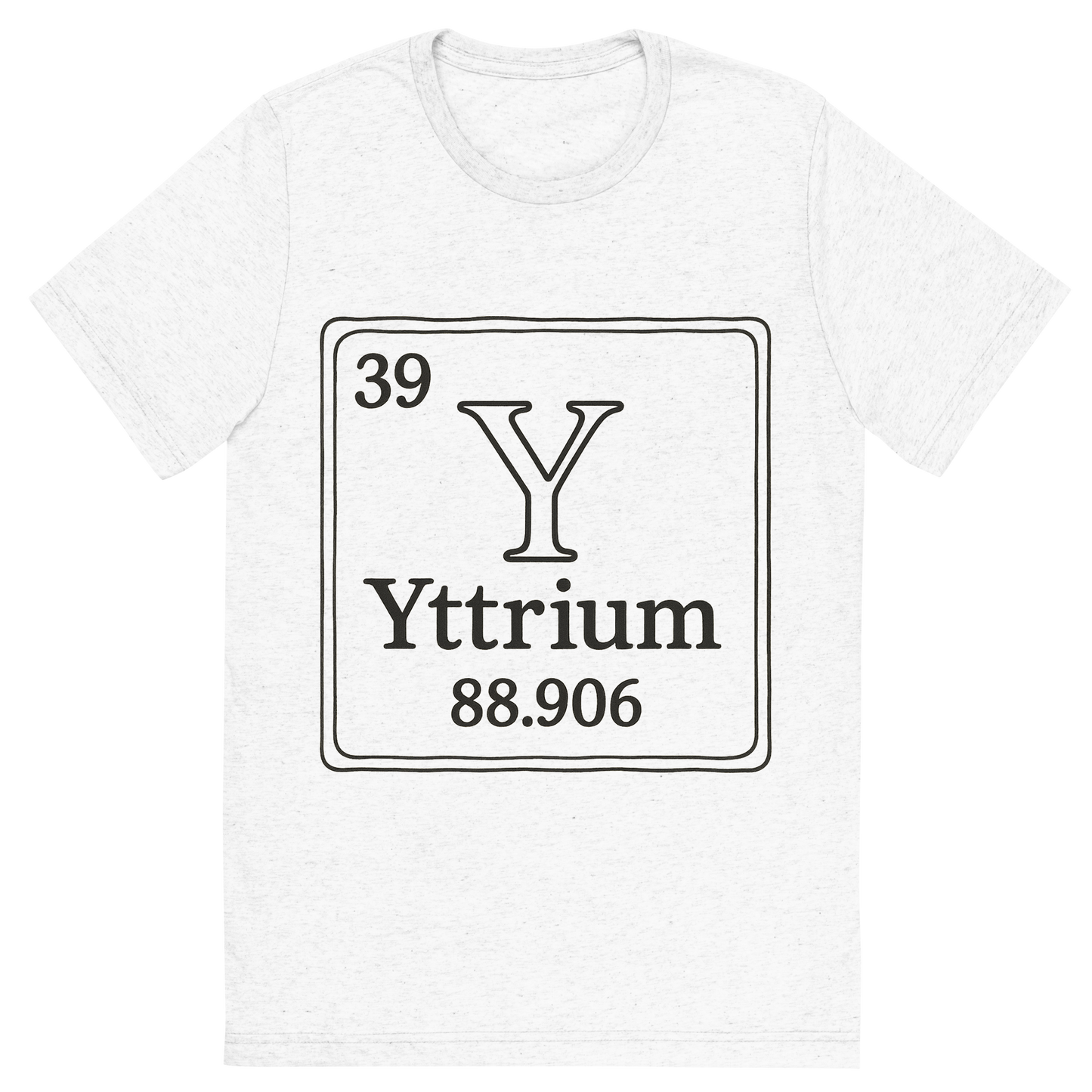 Front view of a Premium Tri-Blend Crew Neck T-Shirt in Solid White showing 'A line art, nostalgic graphic of yttrium's entry on the periodic table, use a dark color for the lines and text'