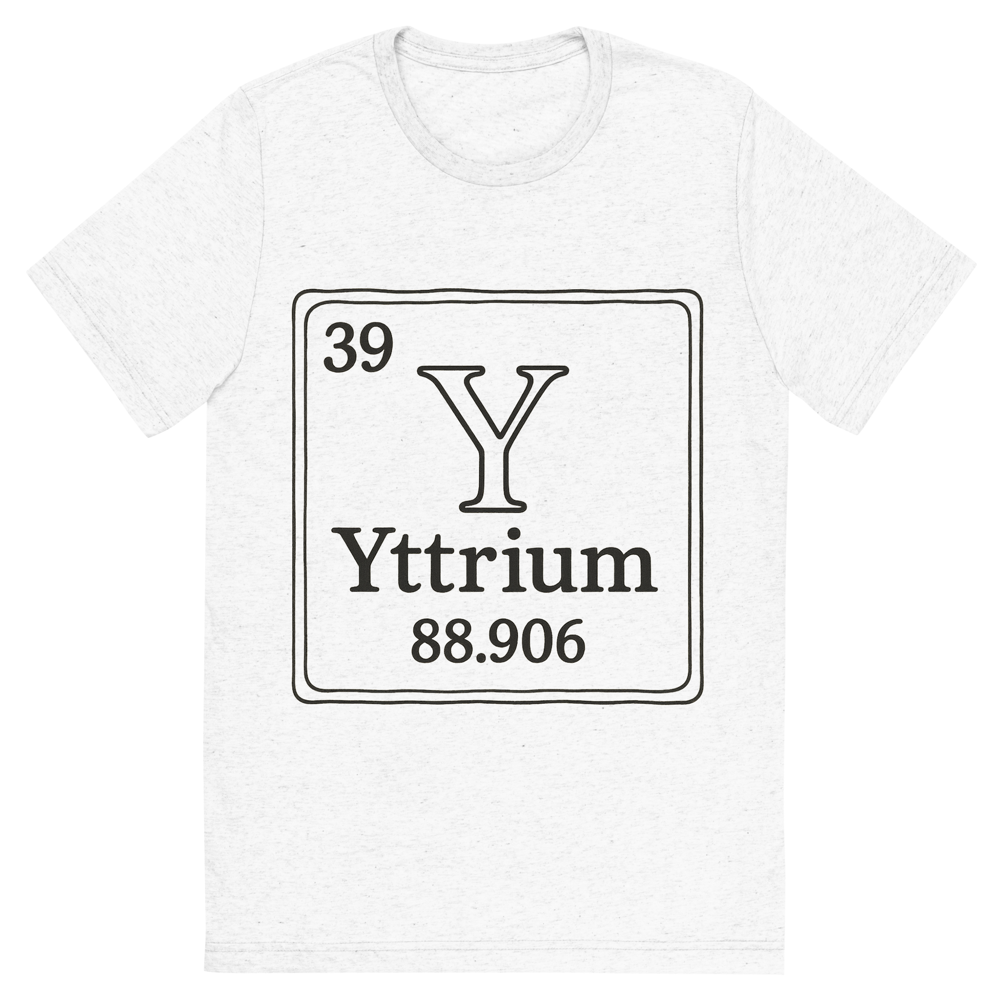 Front view of a Premium Tri-Blend Crew Neck T-Shirt in Solid White showing 'A line art, nostalgic graphic of yttrium's entry on the periodic table, use a dark color for the lines and text'
