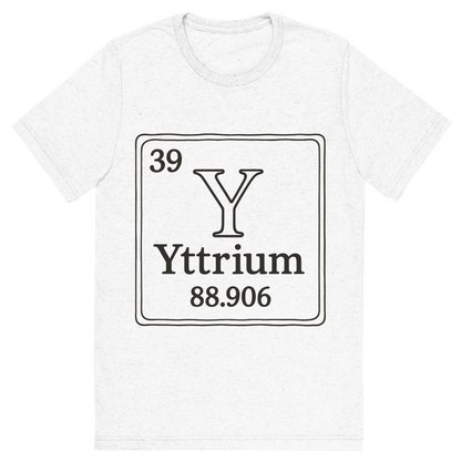 Front view of a Premium Tri-Blend Crew Neck T-Shirt in Solid White showing 'A line art, nostalgic graphic of yttrium's entry on the periodic table, use a dark color for the lines and text'