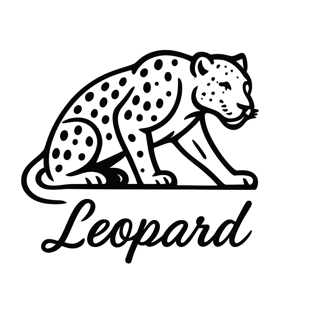 A flat, neutral graphic of a minimalist drawing of a leopard crouched, with visible spots and muscular build. “leopard” is written beneath in flowing script. black ink on white. – a t-shirt design