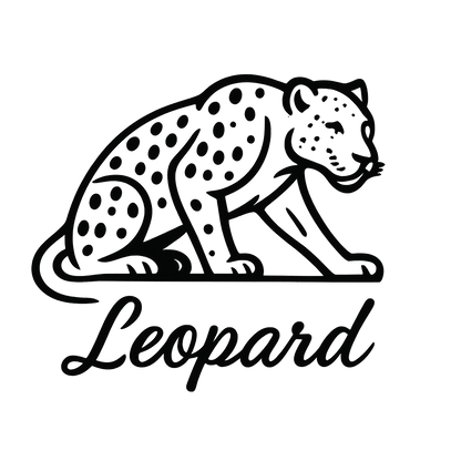 A flat, neutral graphic of a minimalist drawing of a leopard crouched, with visible spots and muscular build. “leopard” is written beneath in flowing script. black ink on white. – a t-shirt design