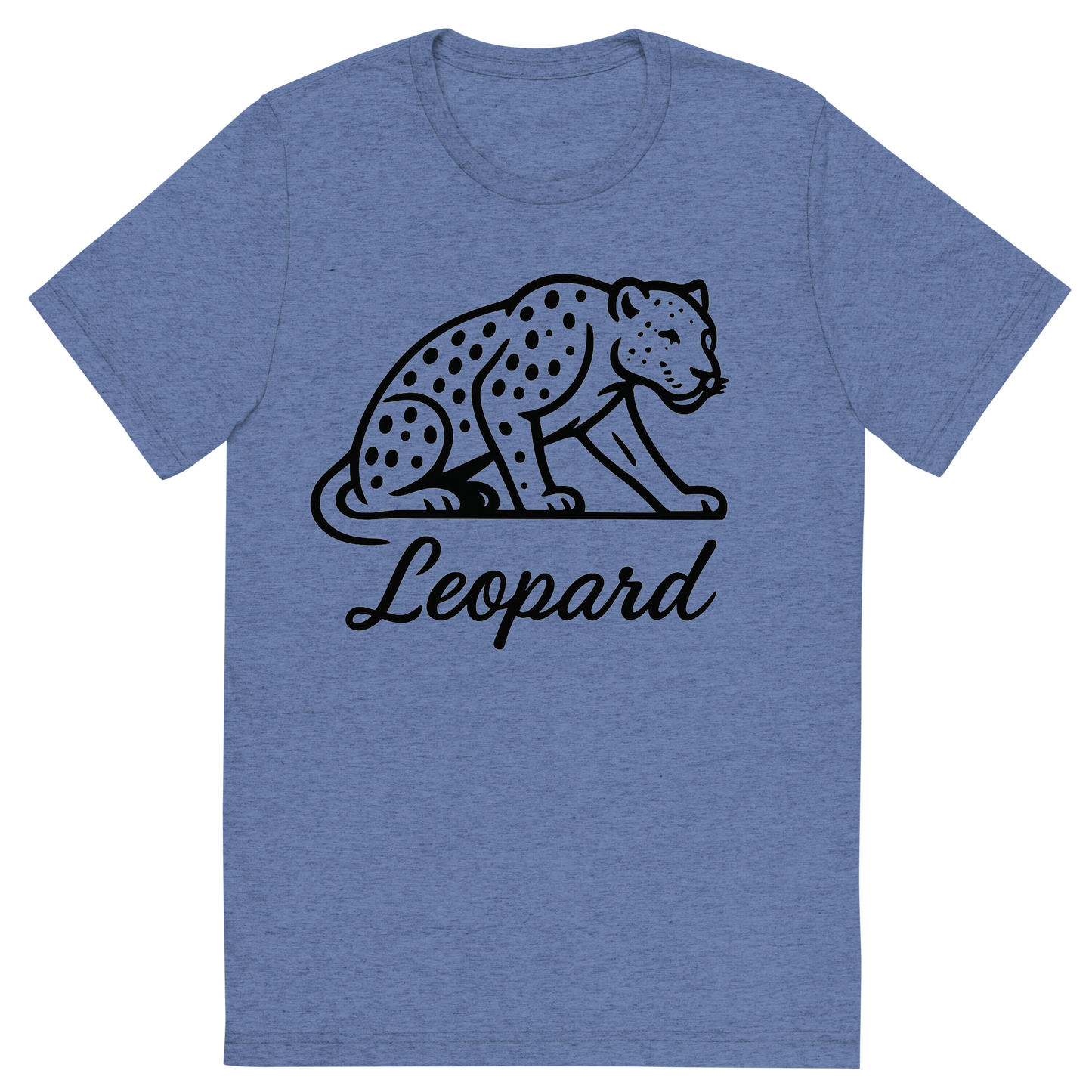 Front view of a Premium Tri-Blend Crew Neck T-Shirt in Blue showing 'A flat, neutral graphic of a minimalist drawing of a leopard crouched, with visible spots and muscular build. “leopard” is written beneath in flowing script. black ink on white.'