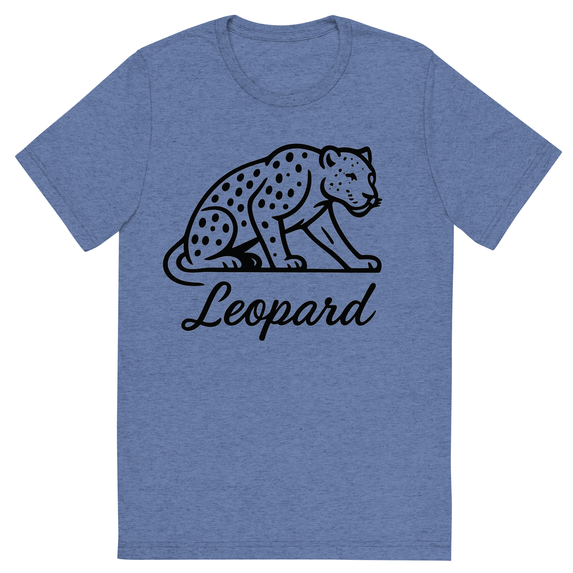 Front view of a Premium Tri-Blend Crew Neck T-Shirt in Blue showing 'A flat, neutral graphic of a minimalist drawing of a leopard crouched, with visible spots and muscular build. “leopard” is written beneath in flowing script. black ink on white.'