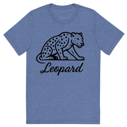 Front view of a Premium Tri-Blend Crew Neck T-Shirt in Blue showing 'A flat, neutral graphic of a minimalist drawing of a leopard crouched, with visible spots and muscular build. “leopard” is written beneath in flowing script. black ink on white.'